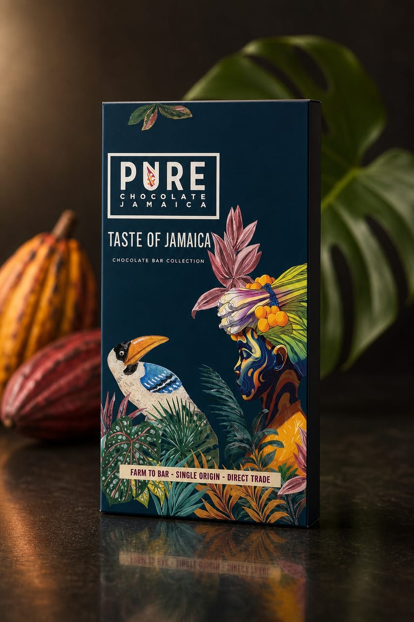Catalog product photograph of the Taste of Jamaica export box — a tall navy carton with the painted toucan, tropical figure and foliage, lit from the left on a dark reflective surface.