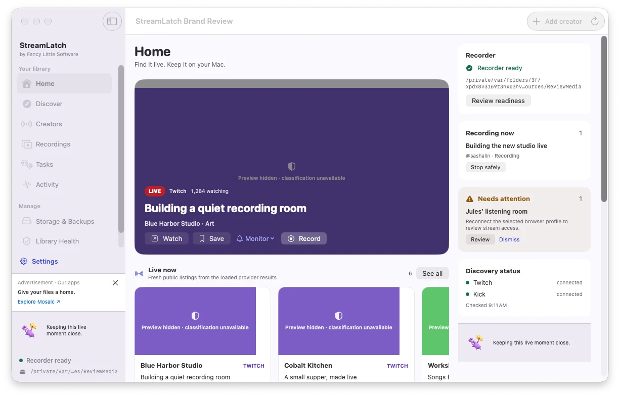 StreamLatch Mac interface showing live discovery and a recording queue in a controlled review build.